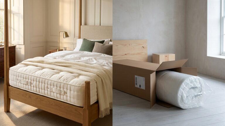 Handcrafted British luxury mattress contrasted with modern rolled bed-in-a-box foam mattress