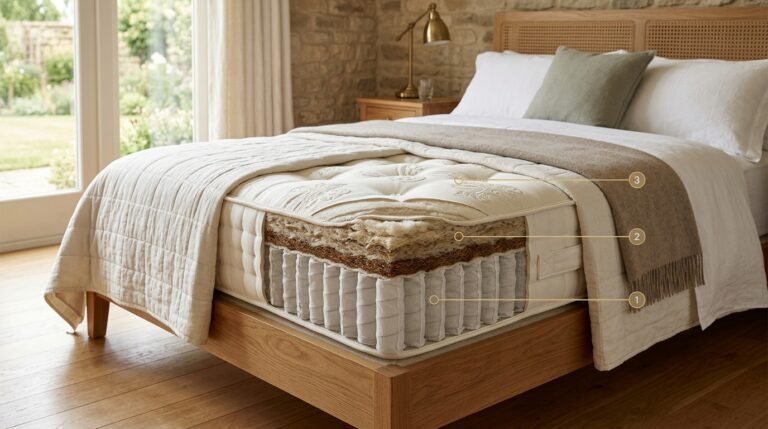 Cross-section diagram of a luxury mattress showing pocket springs, natural fibre fillings, and quilted tufted top