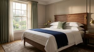 Boutique hotel bedroom with quilted luxury mattress and pristine white linens