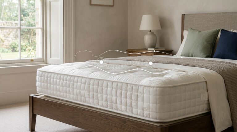 Luxury mattress with spinal alignment diagram overlay showing pressure relief zones for side sleepers