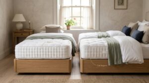 Two luxury pocket-sprung mattresses side by side in a British bedroom — Hypnos vs Silentnight comparison